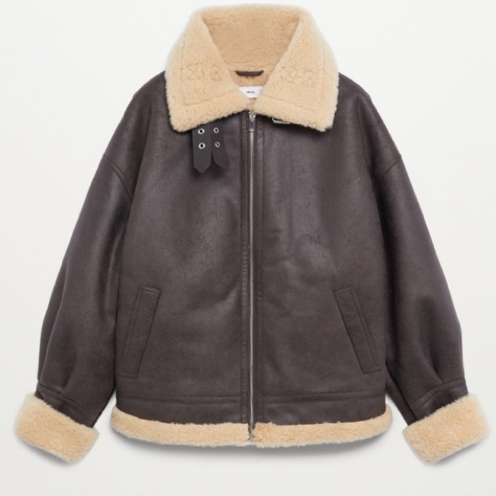 Mango Brown Leather Jacket with Cream Shearling Collar
